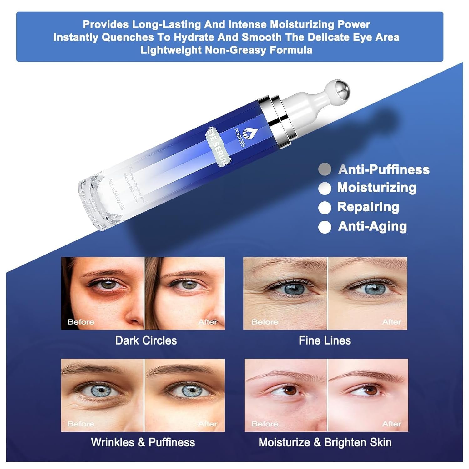 Eye Serum with 8% Caffeine 8% Retinol Hyaluronic Acid Niacinamide Peptides for Puffy Bags Fine Lines Dark Circles Wrinkles, under Eye Cream with 360° Roller Massage Ball, 0.5 Fl. Oz