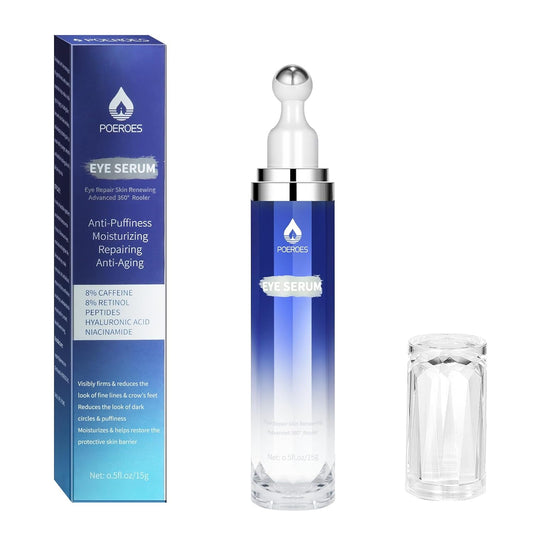 Eye Serum with 8% Caffeine 8% Retinol Hyaluronic Acid Niacinamide Peptides for Puffy Bags Fine Lines Dark Circles Wrinkles, under Eye Cream with 360° Roller Massage Ball, 0.5 Fl. Oz